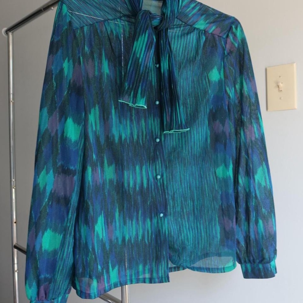 Womens Fall Vintage Blouse Tie‎ Neck Teal